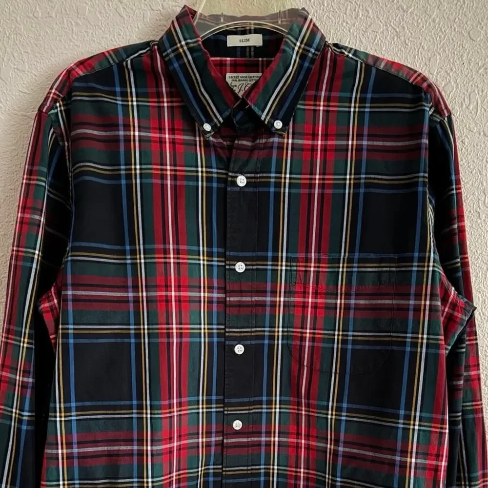 J Crew Holiday Tartan Shirt Mens Size M Organic Cotton Stretch Slim Plaid Work